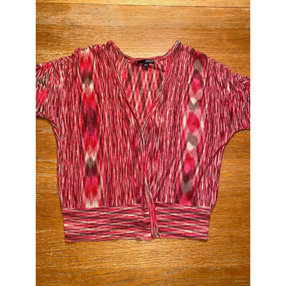 A.n.a. Womens Short Sleeve Open Cardigan Size S Red & Pink Ikat Pattern Lightwei